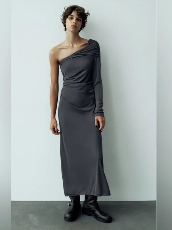 Zara Dresses & Skirts - ZARA Ruched Draped One Shoulder Gray Maxi Dress Size Large